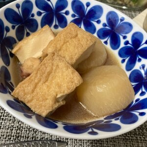 作り置き☆麺つゆで冷凍大根と厚揚げとゆで卵の煮物